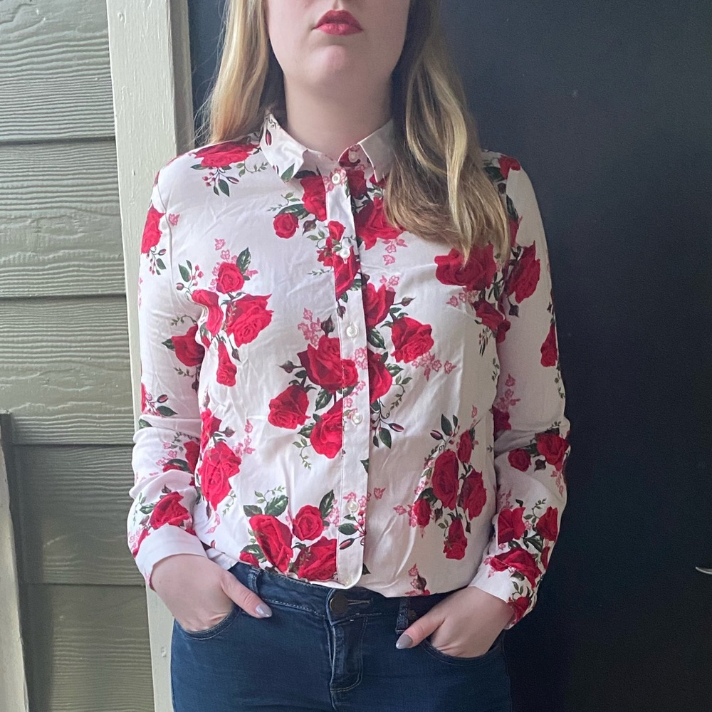 Collared Button Down Rose Patterned Shirt